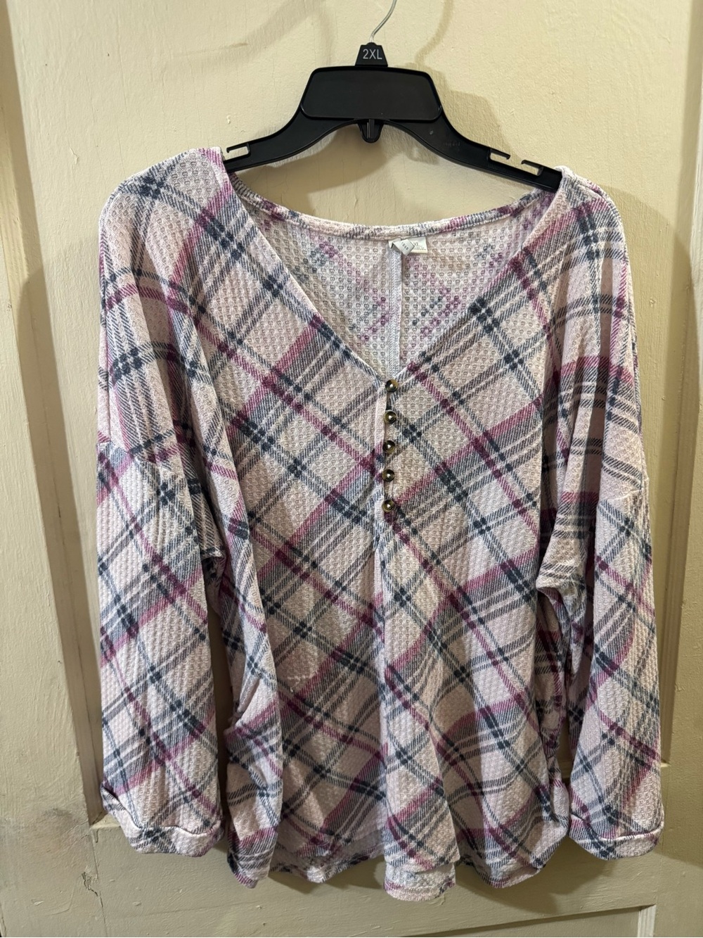 Cato Plaid Henley Top in Pink and Gray